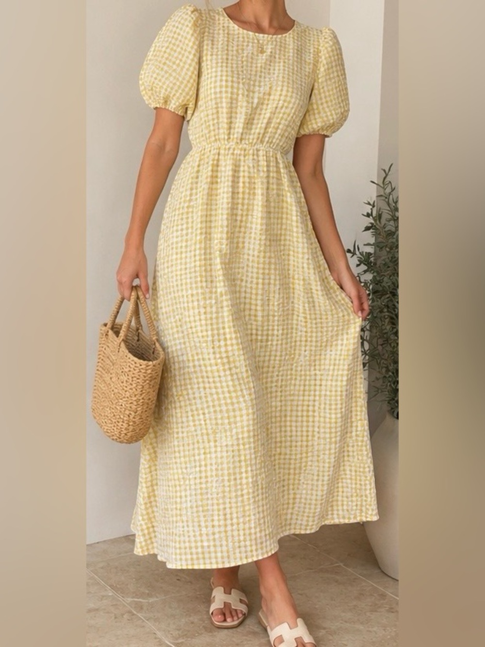En Saison Yellow Gingham Puff-Sleeve Maxi Dress